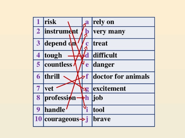 1 risk 2 3 a instrument b depend on 4 rely on c tough 5 very many countless 6 treat d thrill e difficult 7 f danger vet 8 doctor for animals profession 9 g excitement h handle 10 courageous job i j tool brave