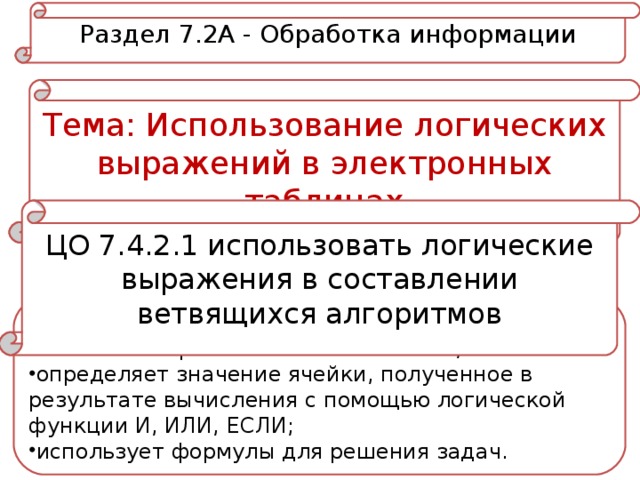 Раздел 7.2А - Обработка информации Тема: Использование логических выражений в электронных таблицах ЦО 7.4.2.1 использовать логические выражения в составлении ветвящихся алгоритмов Критерии оценивания: