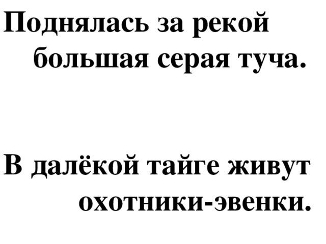 Поднялась за рекой  большая серая туча.  В далёкой тайге живут  охотники-эвенки.  Все радовались встре-  че с космонавтами.