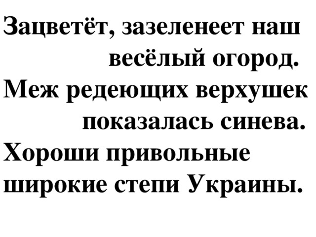 Зацветёт, зазеленеет наш  весёлый огород.  Меж редеющих верхушек  показалась синева.  Хороши привольные  широкие степи Украины.