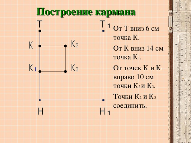 Построение кармана От Т вниз 6 см точка К. От К вниз 14 см точка К 1 . От точек К и К 1 вправо 10 см точки К 2 и К 3 . Точки К 2 и К 3 соединить.