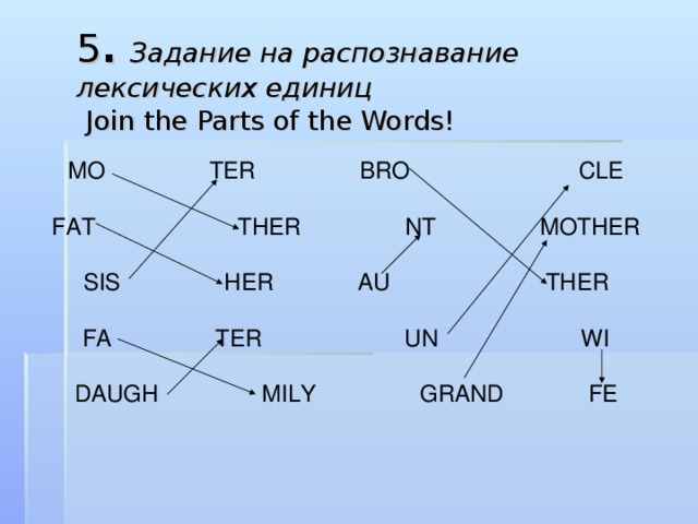 5 . Задание на распознавание лексических единиц   Join the Parts of the Words! MO                TER                BRO                          CLE                                                  FAT                      THER                NT                MOTHER                                                  SIS                HER             AU                        THER                                                  FA                TER                      UN                      WI                                                  DAUGH                MILY                GRAND             FE