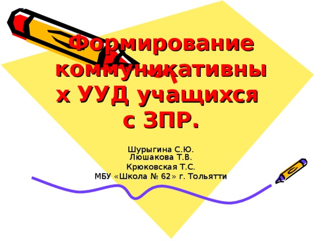 Формирование коммуникативных УУД учащихся с ЗПР. Шурыгина С.Ю.  Люшакова Т.В. Крюковская Т.С. МБУ «Школа № 62» г. Тольятти