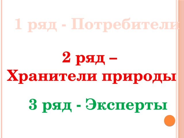 1 ряд - Потребители 2 ряд – Хранители природы 3 ряд - Эксперты