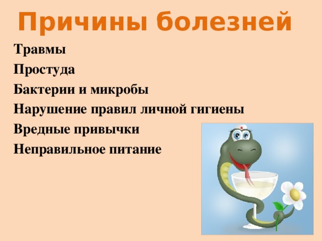 Причины болезней Травмы Простуда Бактерии и микробы Нарушение правил личной гигиены Вредные привычки Неправильное питание