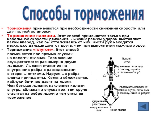 Торможения применяются при необходимости снижения скорости или для полной остановки. Торможение палками . Этот способ применяется только при небольшой скорости движения. Лыжник резким ударом выставляет палки вперед, как бы отталкиваясь от них. Кисти рук находятся несколько дальше друг от друга, чем при выполнении лыжных ходов. Торможение «плугом» . Этот способ