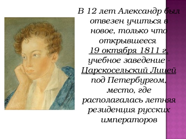 В 12 лет Александр был отвезен учиться в новое, только что открывшееся 19 октября 1811 г. учебное заведение - Царскосельский Лицей под Петербургом, место, где располагалась летняя резиденция русских императоров
