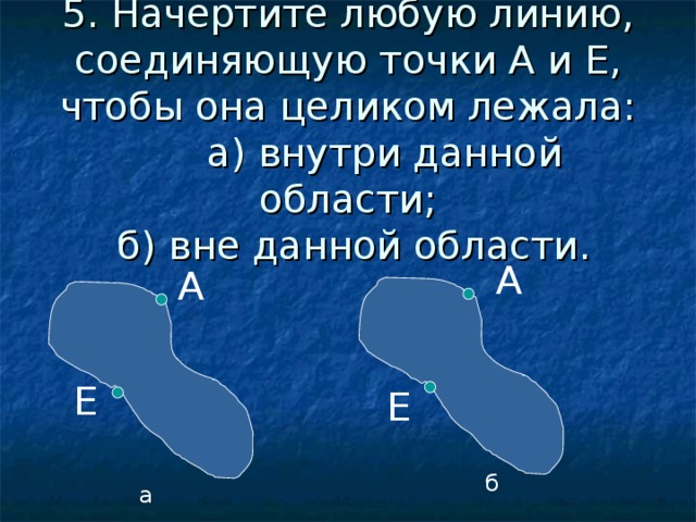 5. Начертите любую линию, соединяющую точки А и Е, чтобы она целиком лежала:  а) внутри данной области;  б) вне данной области. А А Е Е б а