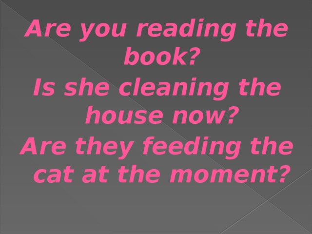 Are you reading the book? Is she cleaning the house now? Are they feeding the cat at the moment?
