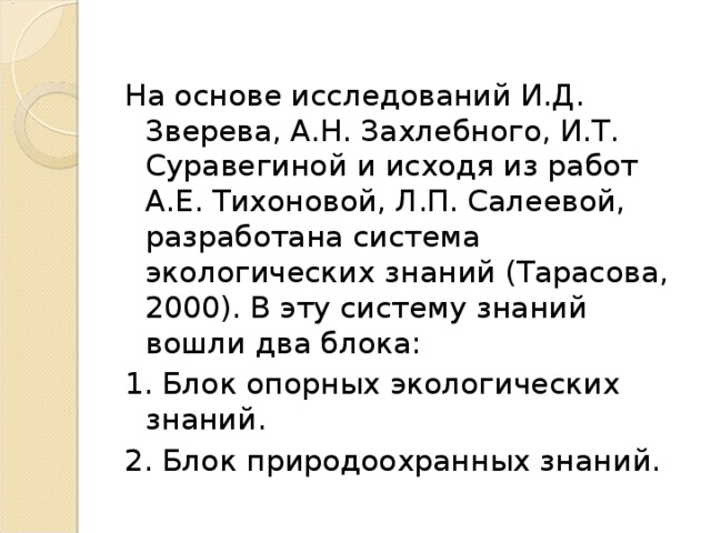 На основе исследований И.Д. Зверева, А.Н. Захлебного, И.Т. Суравегиной и исходя из работ А.Е. Тихоновой, Л.П. Салеевой, разработана система экологических знаний (Тарасова, 2000). В эту систему знаний вошли два блока: 1. Блок опорных экологических знаний. 2. Блок природоохранных знаний.