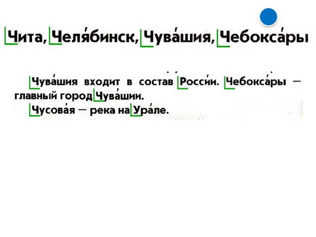 1.  Работа в «Букваре» (с. 116). Чтение слов и предложений. Чтение 1-й строчки слов. – Что за слова записаны на самой верхней строчке? – Прочитайте названия городов. (Чита, Челябинск, Чебоксары.)  – Прочитайте слова ещё раз, обращая внимание на ударение. – А что обозначает слово «Чувашия»? – Найдите предложение, которое поясняет это слово. – О каком ещё географическом названии можно узнать из предложений? (Чебоксары, Чусовая, Урал) – В каких словах будем писать заглавную букву? (В названиях городов и рек.) – Отметьте заглавные буквы в географических названиях. – Что мы сейчас делали? (Читали слова и предложения.) – Какие правила повторили? (Написания слов с заглавной буквы) – Что нового вы узнали? – Какое умение формировали? (Умение работать с информацией.)