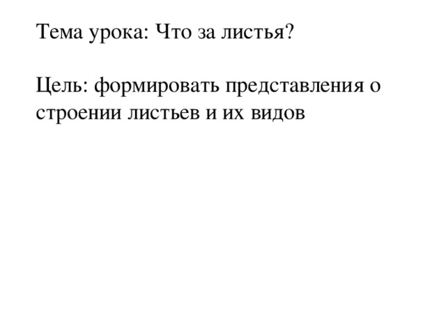 Тема урока: Что за листья? Цель: формировать представления о строении листьев и их видов