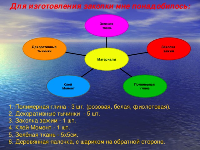 Для изготовления заколки мне понадобилось: Зеленая  ткань Заколка зажим Декоративные тычинки Материалы Полимерная  глина Клей Момент 1. Полимерная глина - 3 шт. (розовая, белая, фиолетовая). 2. Декоративные тычинки - 5 шт. 3. Заколка зажим - 1 шт. 4. Клей Момент - 1 шт. 5. Зелёная ткань - 5х5см. 6. Деревянная палочка, с шариком на обратной стороне.