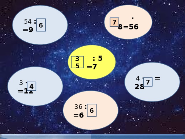 · 8=56  54  : =9 7 6  : 5 =7 35  4  · = 28  3  · =12 7 4  36  : =6 6 12/10/16