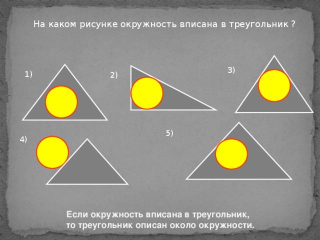 На каком рисунке окружность вписана в треугольник ? 3) 1) 2) 5) 4) Если окружность вписана в треугольник, то треугольник описан около окружности.