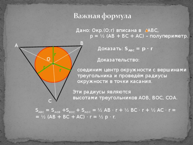 Дано: Окр.(О; r) вписана в АВС,  р = ½ (АВ + ВС + АС) – полупериметр. В А Доказать: S ABC = p · r r О Доказательство: r соединим центр окружности с вершинами треугольника и проведём радиусы окружности в точки касания. r Эти радиусы являются высотами треугольников АОВ, ВОС, СОА. С S ABC = S AOB +S BOC + S AOC = ½ AB · r + ½ BC · r + ½ AC · r = = ½ (AB + BC + AC) · r = ½ p · r.