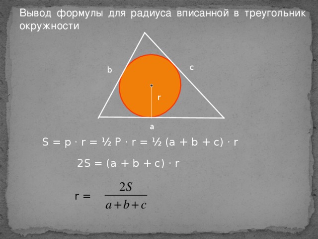 Вывод формулы для радиуса вписанной в треугольник окружности c b r a S = p · r = ½ P · r = ½ (a + b + c) · r 2S = (a + b + c) · r r =