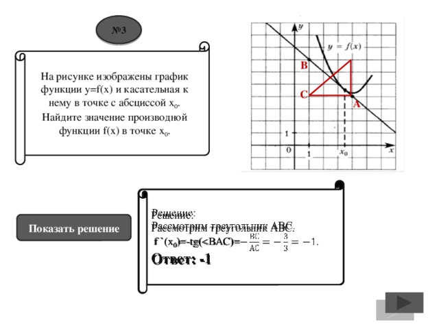 № 3 На рисунке изображены график функции y=f(x) и касательная к нему в точке с абсциссой х 0 . Найдите значение производной функции f(x) в точке х 0 . В С А Решение:   Рассмотрим треугольник АВС.  f `(x 0 )=-tg(Ответ: -1 Показать решение