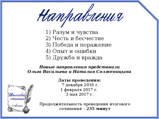 1) Разум и чувства  2) Честь и бесчестие  3) Победа и поражение  4) Опыт и ошибки  5) Дружба и вражда Новые направления представили Ольга Васильева и Наталия Солженицына Даты проведения:  7 декабря 2016 г. 1 февраля 2017 г. 3 мая 2017 г. Продолжительность проведения итогового сочинения – 235 минут