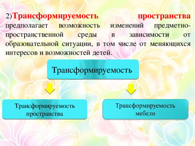 2) Трансформируемость пространства предполагает возможность изменений предметно-пространственной среды в зависимости от образовательной ситуации, в том числе от меняющихся интересов и возможностей детей.