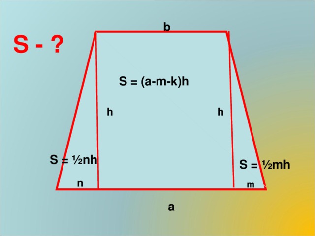 b S - ?      S = (a-m-k)h  h h S = ½nh  S = ½mh  n m a