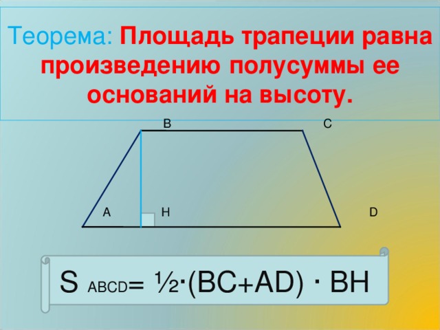 Теорема: Площадь трапеции равна произведению полусуммы ее оснований на высоту.  В С  А Н D S ABCD = ½∙(BC+AD ) ∙ ВН