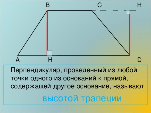 В С Н  А Н   D  Перпендикуляр, проведенный из любой точки одного из оснований к прямой, содержащей другое основание, называют  высотой трапеции
