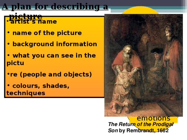 A plan for describing  a picture  artist’s name  name of the picture  background information  what you can see in the pictu re (people and objects)  colours, shades, techniques Facts план-схемка +picture Impressions and emotions The Return of the Prodigal Son by Rembrandt , 1662 6