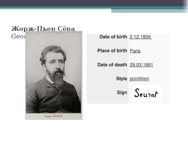 Жорж-Пьер Сёра  Georges Seurat   Date of birth 2 .12.1859 Place of birth Paris Date of death 29 .03.1891 Style pointilism Sign