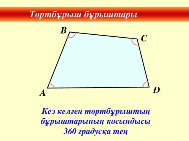 Төртбұрыш бұрыштары B C D A Кез келген төртбұрыштың бұрыштарының қосындысы 360 градусқа тең