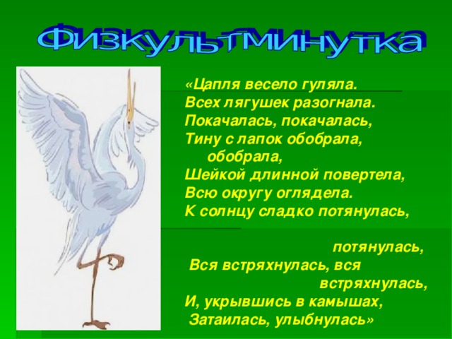 «Цапля весело гуляла. Всех лягушек разогнала. Покачалась, покачалась, Тину с лапок обобрала,    обобрала, Шейкой длинной повертела, Всю округу оглядела. К солнцу сладко потянулась,  потянулась,  Вся встряхнулась, вся  встряхнулась, И, укрывшись в камышах,  Затаилась, улыбнулась»