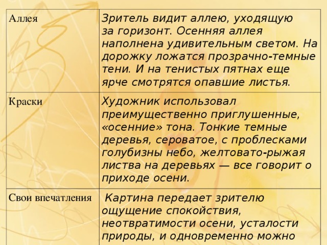 Аллея Зритель видит аллею, уходящую за горизонт. Осенняя аллея наполнена удивительным светом. На дорожку ложатся прозрачно-темные тени. И на тенистых пятнах еще ярче смотрятся опавшие листья. Краски Художник использовал преимущественно приглушенные, «осенние» тона. Тонкие темные деревья, сероватое, с проблесками голубизны небо, желтовато-рыжая листва на деревьях — все говорит о приходе осени. Свои впечатления  Картина передает зрителю ощущение спокойствия, неотвратимости осени, усталости природы, и одновременно можно почувствовать радостную энергию.