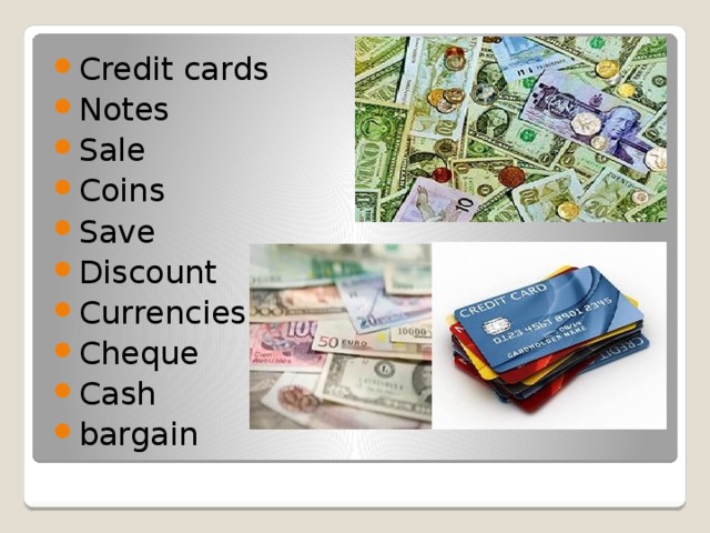 Credit cards Notes Sale Coins Save Discount Currencies Cheque Cash bargain