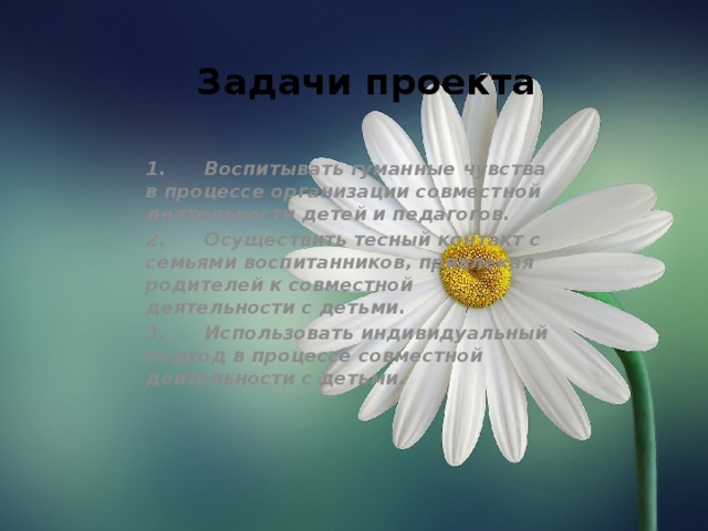 Задачи проекта 1.      Воспитывать гуманные чувства в процессе организации совместной деятельности детей и педагогов. 2.      Осуществить тесный контакт с семьями воспитанников, привлекая родителей к совместной деятельности с детьми. 3.      Использовать индивидуальный подход в процессе совместной деятельности с детьми.
