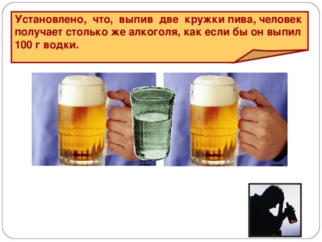 Установлено, что, выпив две кружки пива, человек получает столько же алкоголя, как если бы он выпил 100 г водки.