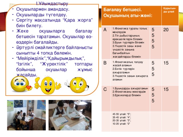 І.Ұйымдастыру Оқушылармен амандасу. Оқушыларды түгелдеу. Сергіту мақсатында “Қара жорға” биін билету. Жеке оқушыларға бағалау бетшесін таратамын. Оқушылар өз-өздерін бағалайды. Әртүрлі смайликтерге байланысты сыныпты 4 топқа бөлемін. “ Мейірімділік”,“Қайырымдылық”, “Ізгілік”, “Жүректілік” топтары бойынша оқушылар жұмыс жасайды. www.themegallery.com Бағалау бетшесі. Оқушының аты-жөні:  А В 1.Фонетика туралы толық меңгердім 2.Тіл дыбыстарының ерекшеліктерін білемін 1.Фонетикалық талдау жасай аламын С 5 Қорытын-ды ұпай 2.Екпін түрлерін ажыратамын 5 20 3.Буын түрлерін білемін 1.Буындарды ажыратамын 5 3.Үндестік заңы және үндестік заңына бағынбайтын жағдайларды білемін 2.Фонетиканы меңгердім 3.Үндестік заңын ажырата аламын 45-55 ұпай: “5”; 5 15 5 5 35-45 ұпай: “4”; 5 15 3.Ережелерді білемін 5 5 20-35 ұпай: “3”; 5 10-20 ұпай: “2”