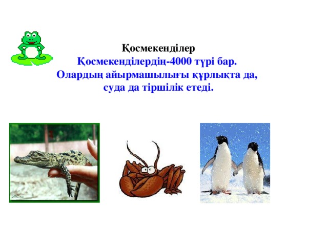 Қосмекенділер Қосмекенділердің-4000 түрі бар. Олардың айырмашылығы құрлықта да, суда да тіршілік етеді.