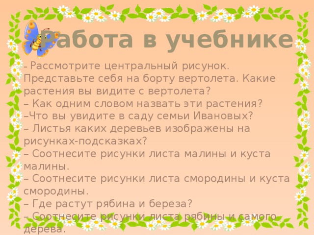 Работа в учебнике – Рассмотрите центральный рисунок. Представьте себя на борту вертолета. Какие растения вы видите с вертолета? – Как одним словом назвать эти растения? – Что вы увидите в саду семьи Ивановых? – Листья каких деревьев изображены на рисунках-подсказках? – Соотнесите рисунки листа малины и куста малины. – Соотнесите рисунки листа смородины и куста смородины. – Где растут рябина и береза? – Соотнесите рисунки листа рябины и самого дерева. – Соотнесите рисунки листа березы и самого дерева.