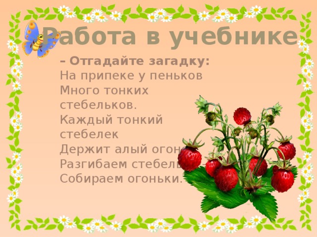 Работа в учебнике – Отгадайте загадку: На припеке у пеньков Много тонких стебельков. Каждый тонкий стебелек Держит алый огонек. Разгибаем стебельки – Собираем огоньки.