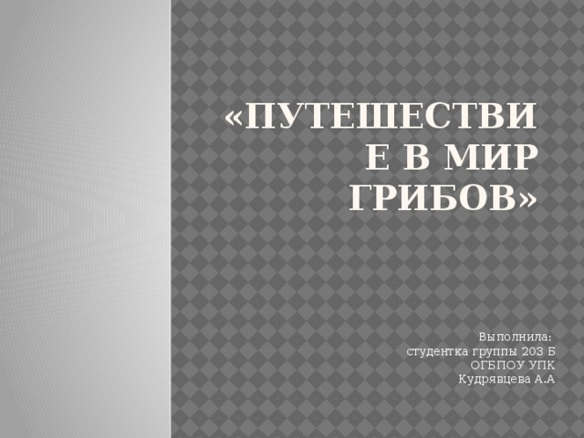 «Путешествие в мир грибов» Выполнила:  студентка группы 203 Б  ОГБПОУ УПК  Кудрявцева А.А