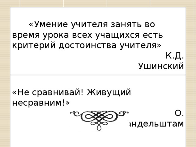 «Умение учителя занять во время урока всех учащихся есть критерий достоинства учителя»  К.Д. Ушинский «Не сравнивай! Живущий несравним!»  О. Мандельштам