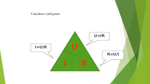 Ғажайып үшбұрыш: U=IR U I=U/R R=U/I  I R