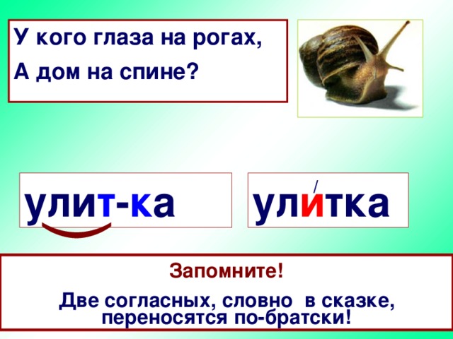 ( У кого глаза на рогах, А дом на спине? ул и тка / ули т - к а  Запомните!  Две согласных, словно в сказке, переносятся по-братски! Какое правило нужно знать, чтобы перенести это слово с одной строки на другую?