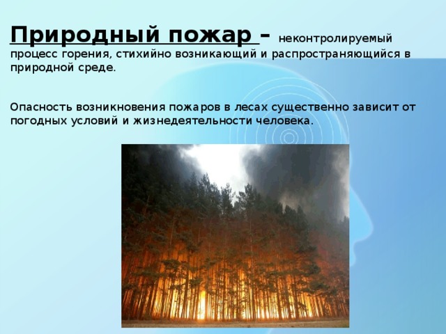 Природный пожар –  неконтролируемый процесс горения, стихийно возникающий и распространяющийся в природной среде. Опасность возникновения пожаров в лесах существенно зависит от погодных условий и жизнедеятельности человека.