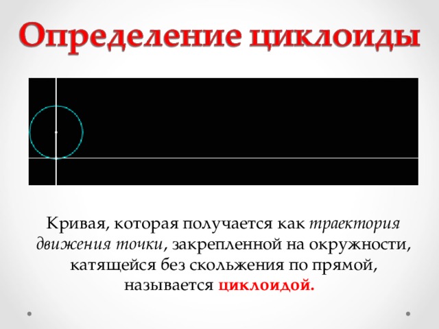 Кривая, которая получается как траектория движения точки , закрепленной на окружности, катящейся без скольжения по прямой, называется циклоидой.