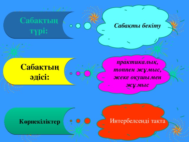 Сабақты бекіту Сабақтың түрі: практикалық, топпен жұмыс, жеке оқушымен жұмыс Сабақтың әдісі: Интербелсенді тақта Көрнекіліктер