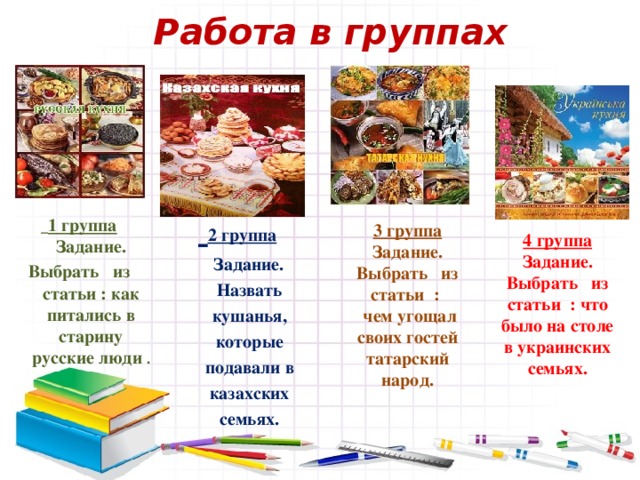     Работа в группах      2 группа  Задание. Назвать кушанья, которые подавали в казахских семьях.   1 группа Задание. Выбрать из статьи : как питались в старину русские люди . 3 группа Задание. Выбрать из статьи :  чем угощал своих гостей татарский народ.  4 группа Задание. Выбрать из статьи : что было на столе в украинских семьях.