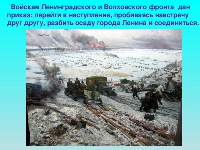 Войскам Ленинградского и Волховского фронта дан приказ: перейти в наступление, пробиваясь навстречу друг другу, разбить осаду города Ленина и соединиться.