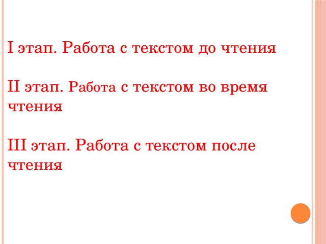 I этап. Работа с текстом до чтения II этап. Работа с текстом во время чтения III этап. Работа с текстом после чтения