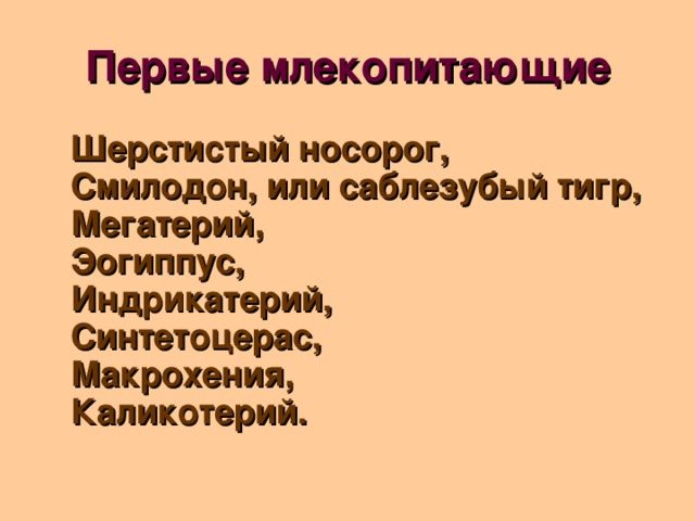 Первые млекопитающие  Шерстистый носорог,  Смилодон, или саблезубый тигр,  Мегатерий,  Эогиппус,  Индрикатерий,  Синтетоцерас,  Макрохения,  Каликотерий.